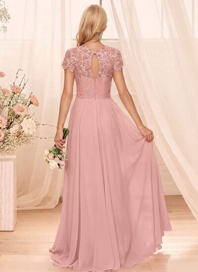 A-Line Scoop Neck Sleeveless Cap Straps Chiffon Floor-Length Bridesmaid Dress With Lace