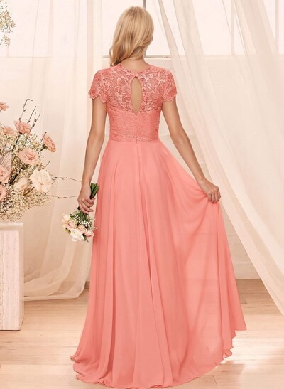 A-Line Scoop Neck Sleeveless Cap Straps Chiffon Floor-Length Bridesmaid Dress With Lace