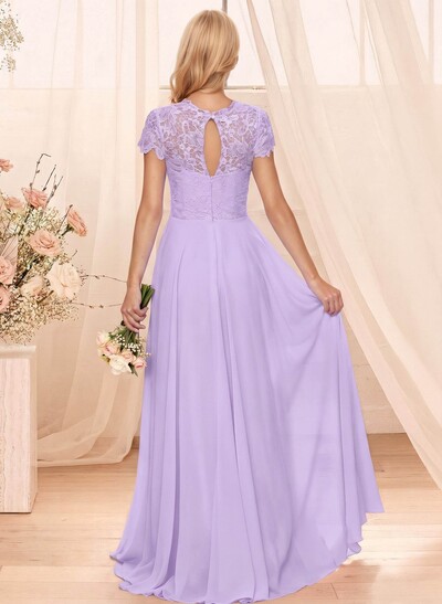 A-Line Scoop Neck Sleeveless Cap Straps Chiffon Floor-Length Bridesmaid Dress With Lace