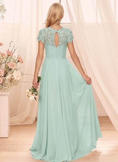 A-Line Scoop Neck Sleeveless Cap Straps Chiffon Floor-Length Bridesmaid Dress With Lace