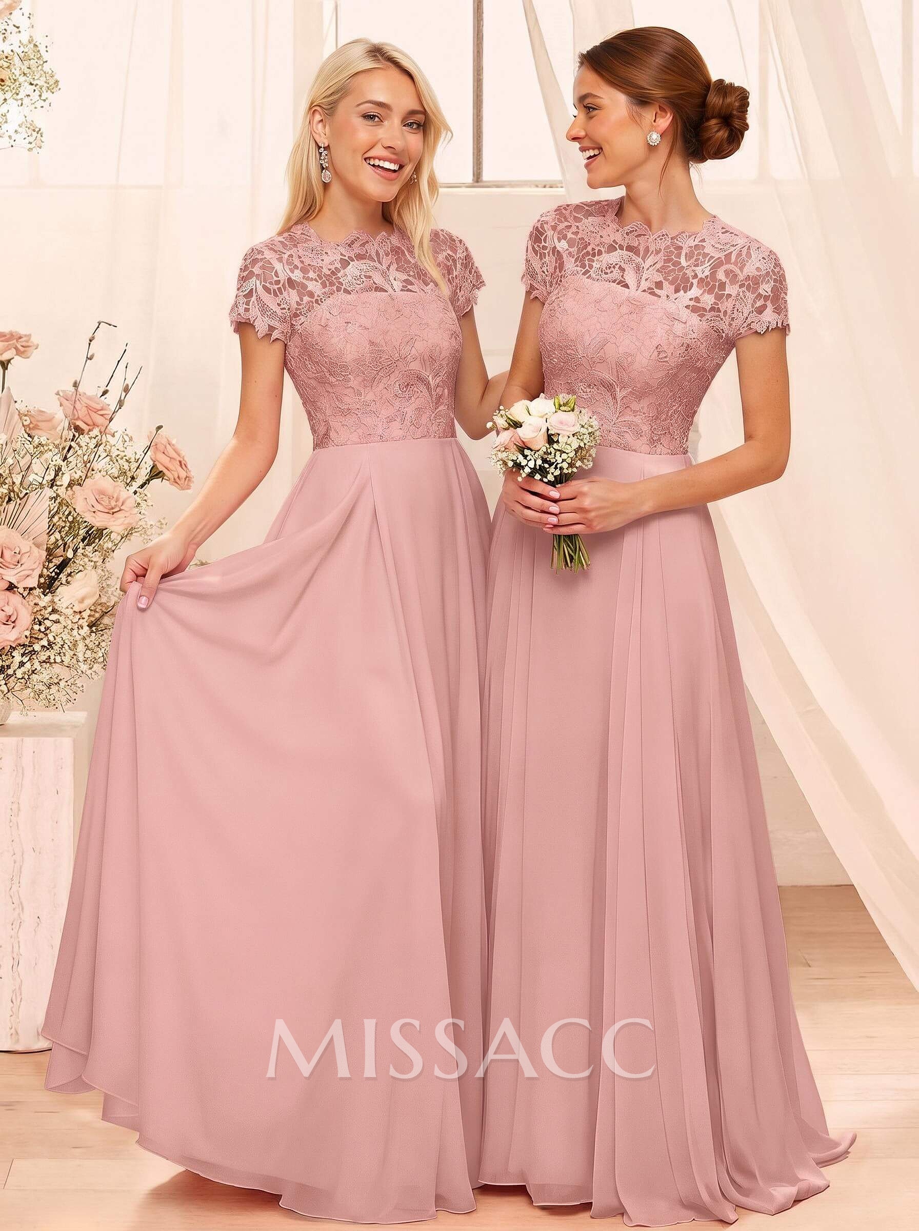 A-Line Scoop Neck Sleeveless Cap Straps Chiffon Floor-Length Bridesmaid Dress With Lace
