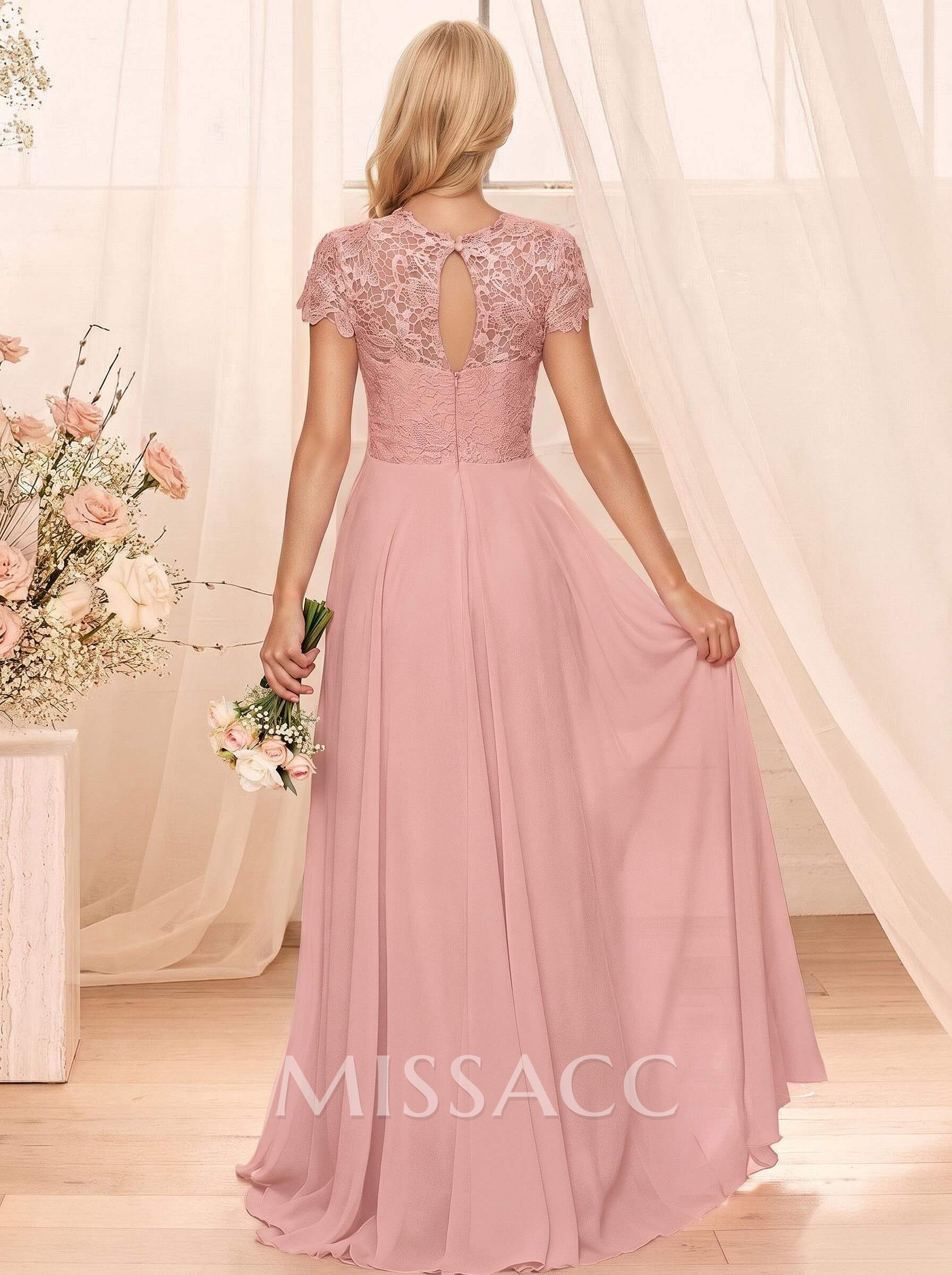 A-Line Scoop Neck Sleeveless Cap Straps Chiffon Floor-Length Bridesmaid Dress With Lace