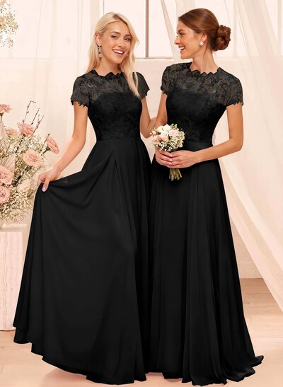 A-Line Scoop Neck Sleeveless Cap Straps Chiffon Floor-Length Bridesmaid Dress With Lace