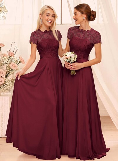 A-Line Scoop Neck Sleeveless Cap Straps Chiffon Floor-Length Bridesmaid Dress With Lace