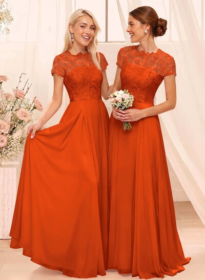 A-Line Scoop Neck Sleeveless Cap Straps Chiffon Floor-Length Bridesmaid Dress With Lace