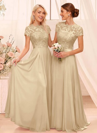 A-Line Scoop Neck Sleeveless Cap Straps Chiffon Floor-Length Bridesmaid Dress With Lace