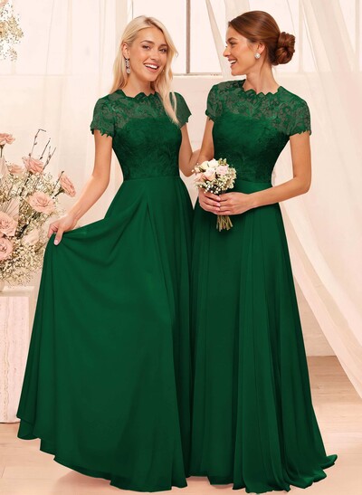 A-Line Scoop Neck Sleeveless Cap Straps Chiffon Floor-Length Bridesmaid Dress With Lace