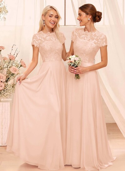 A-Line Scoop Neck Sleeveless Cap Straps Chiffon Floor-Length Bridesmaid Dress With Lace