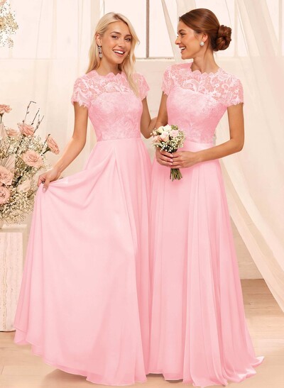 A-Line Scoop Neck Sleeveless Cap Straps Chiffon Floor-Length Bridesmaid Dress With Lace