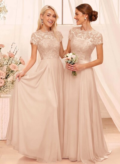 A-Line Scoop Neck Sleeveless Cap Straps Chiffon Floor-Length Bridesmaid Dress With Lace