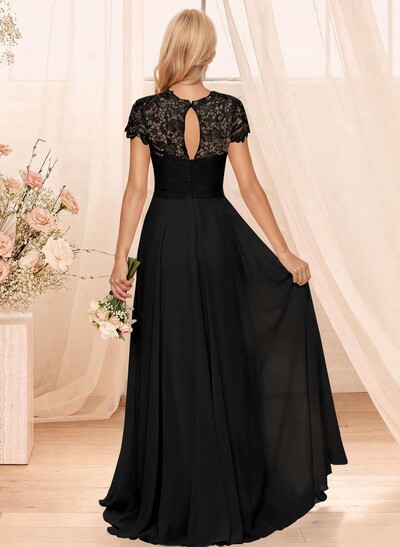 A-Line Scoop Neck Sleeveless Cap Straps Chiffon Floor-Length Bridesmaid Dress With Lace
