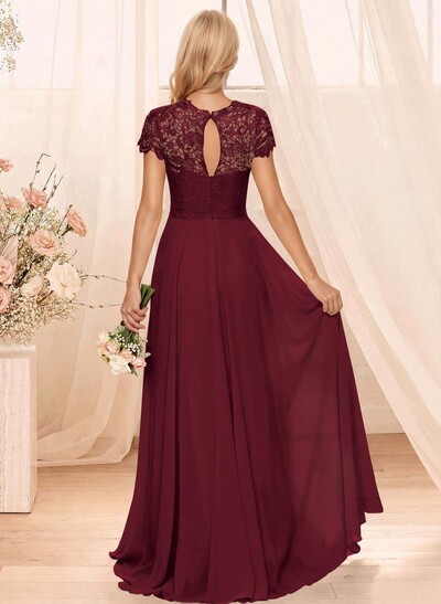 A-Line Scoop Neck Sleeveless Cap Straps Chiffon Floor-Length Bridesmaid Dress With Lace