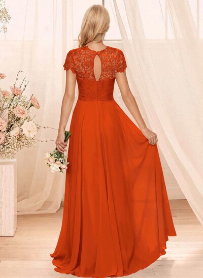 A-Line Scoop Neck Sleeveless Cap Straps Chiffon Floor-Length Bridesmaid Dress With Lace