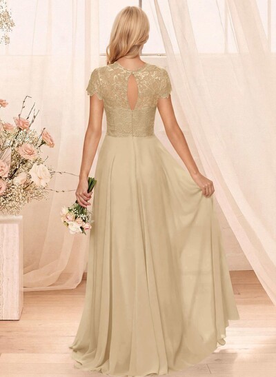 A-Line Scoop Neck Sleeveless Cap Straps Chiffon Floor-Length Bridesmaid Dress With Lace