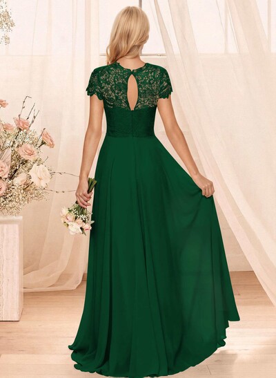 A-Line Scoop Neck Sleeveless Cap Straps Chiffon Floor-Length Bridesmaid Dress With Lace