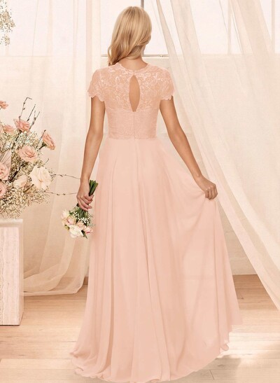 A-Line Scoop Neck Sleeveless Cap Straps Chiffon Floor-Length Bridesmaid Dress With Lace