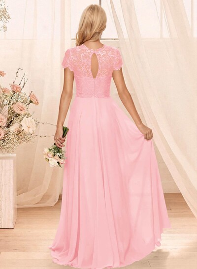 A-Line Scoop Neck Sleeveless Cap Straps Chiffon Floor-Length Bridesmaid Dress With Lace