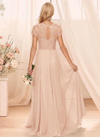 A-Line Scoop Neck Sleeveless Cap Straps Chiffon Floor-Length Bridesmaid Dress With Lace