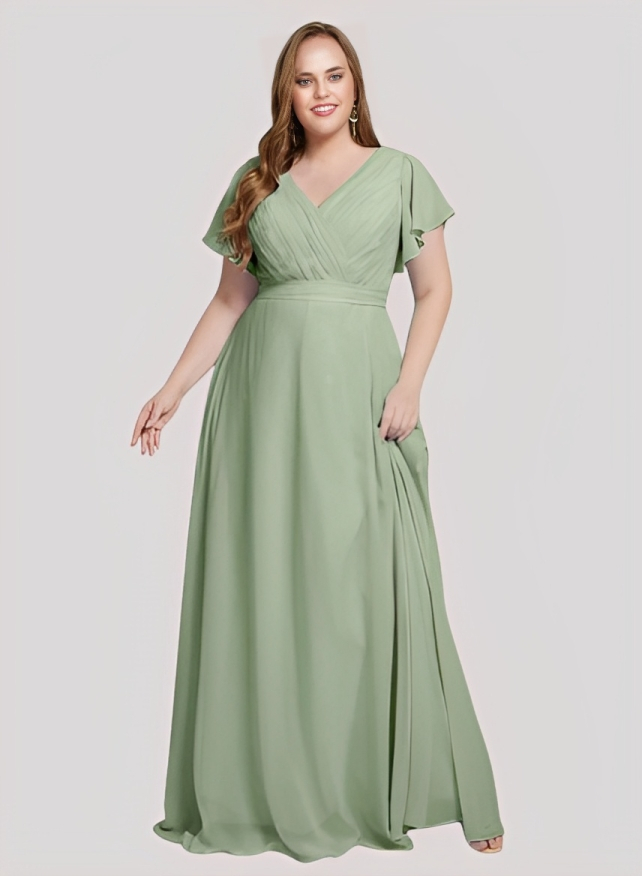 A-Line V-Neck Short sleeves Chiffon Floor-Length Bridesmaid Dress With Pleated