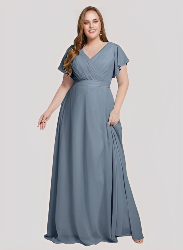 A-Line V-Neck Short sleeves Chiffon Floor-Length Bridesmaid Dress With Pleated