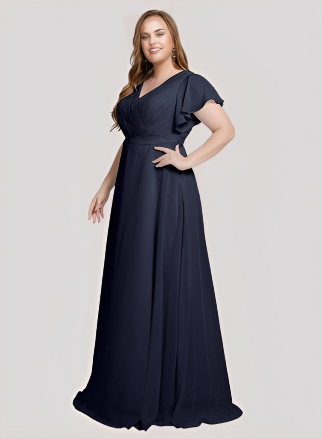 A-Line V-Neck Short sleeves Chiffon Floor-Length Bridesmaid Dress With Pleated