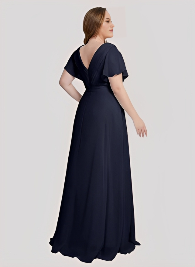 A-Line V-Neck Short sleeves Chiffon Floor-Length Bridesmaid Dress With Pleated