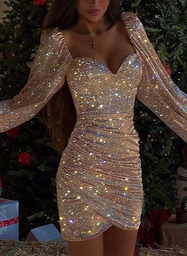 Sheath/Column Sweetheart Long Sleeves Sequined Short/Mini Prom Dress/Cocktail Dress With Sequins