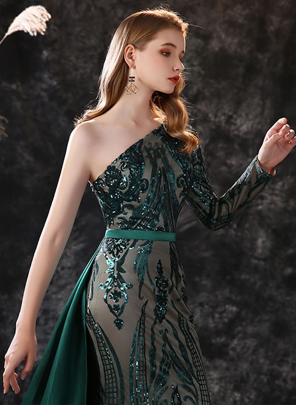 Trumpet/Mermaid One-Shoulder Long Sleeves Lace Court Train Evening Dresses With Lace
