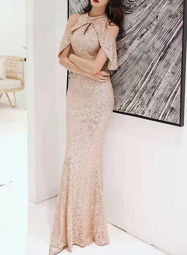 Trumpet/Mermaid High Neck Sequined Floor-Length Evening Dresses With Sequins