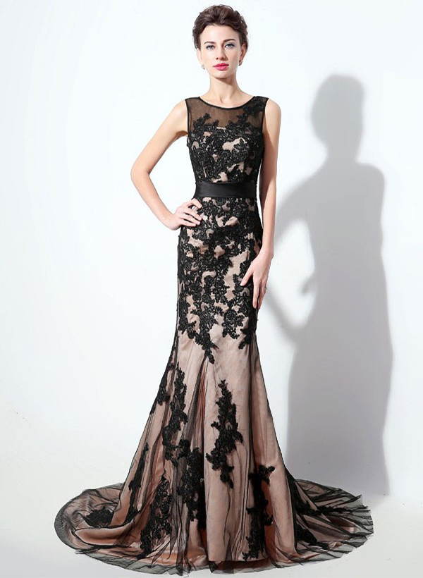 Trumpet/Mermaid Scoop Neck Sleeveless Lace Court Train Evening Dresses With Bow(s) Sash Appliques Lace