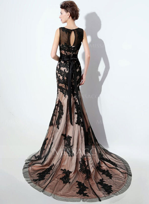 Trumpet/Mermaid Scoop Neck Sleeveless Lace Court Train Evening Dresses With Bow(s) Sash Appliques Lace