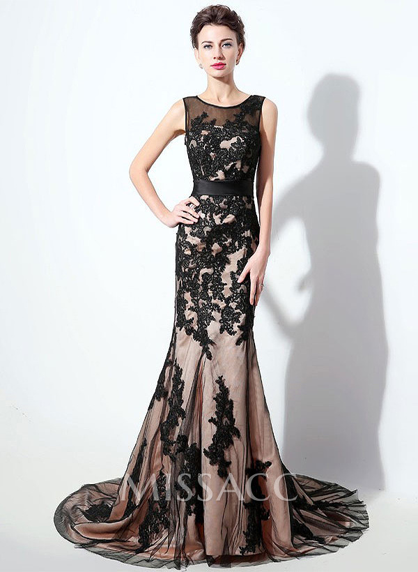 Trumpet/Mermaid Scoop Neck Sleeveless Lace Court Train Evening Dresses With Bow(s) Sash Appliques Lace