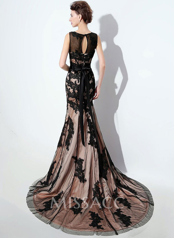 Trumpet/Mermaid Scoop Neck Sleeveless Lace Court Train Evening Dresses With Bow(s) Sash Appliques Lace