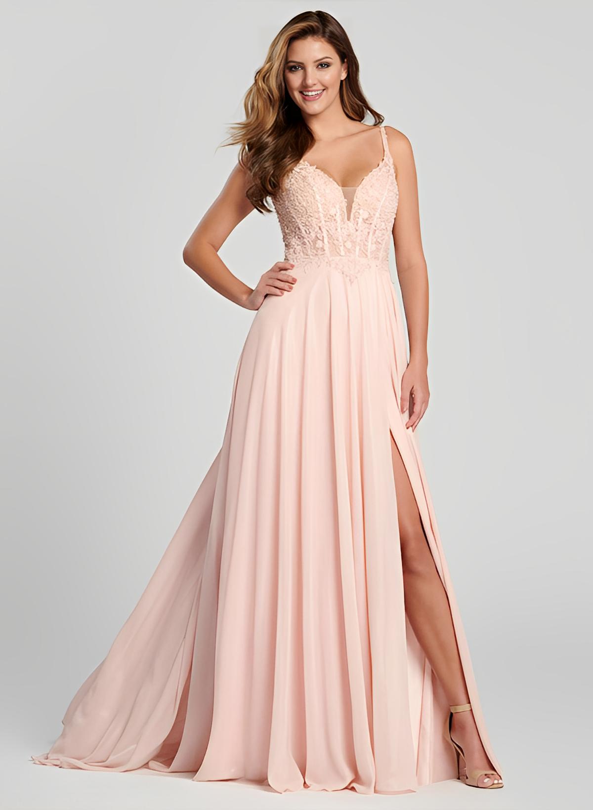 A-Line V-Neck Sleeveless Chiffon Floor-Length Evening Dresses With Lace Back Hole Split Front