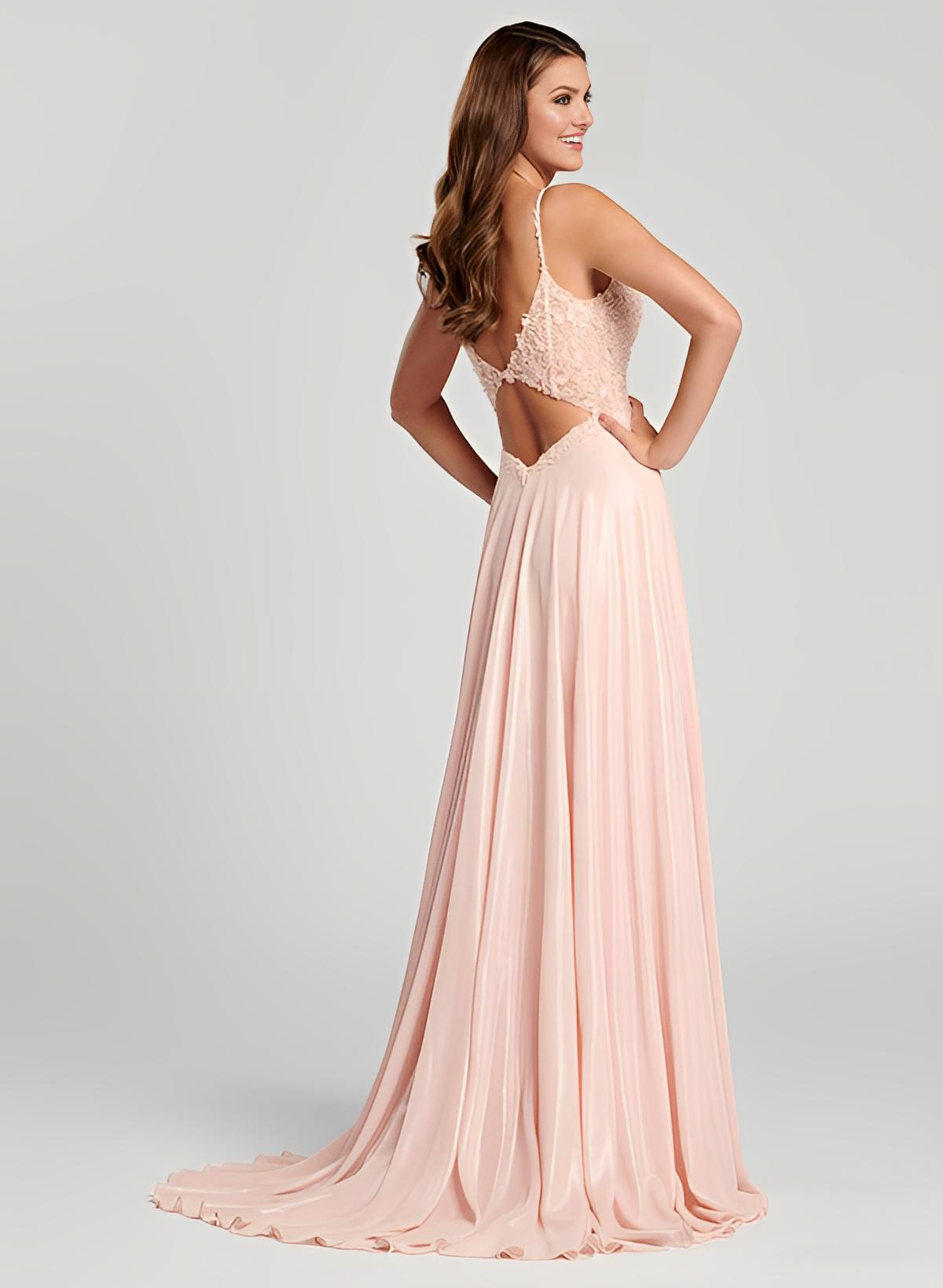 A-Line V-Neck Sleeveless Chiffon Floor-Length Evening Dresses With Lace Back Hole Split Front