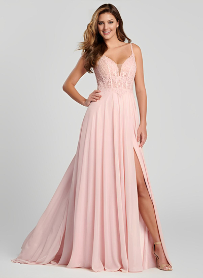 A-Line V-Neck Sleeveless Chiffon Sweep Train Evening Dresses With Lace Back Hole Split Front