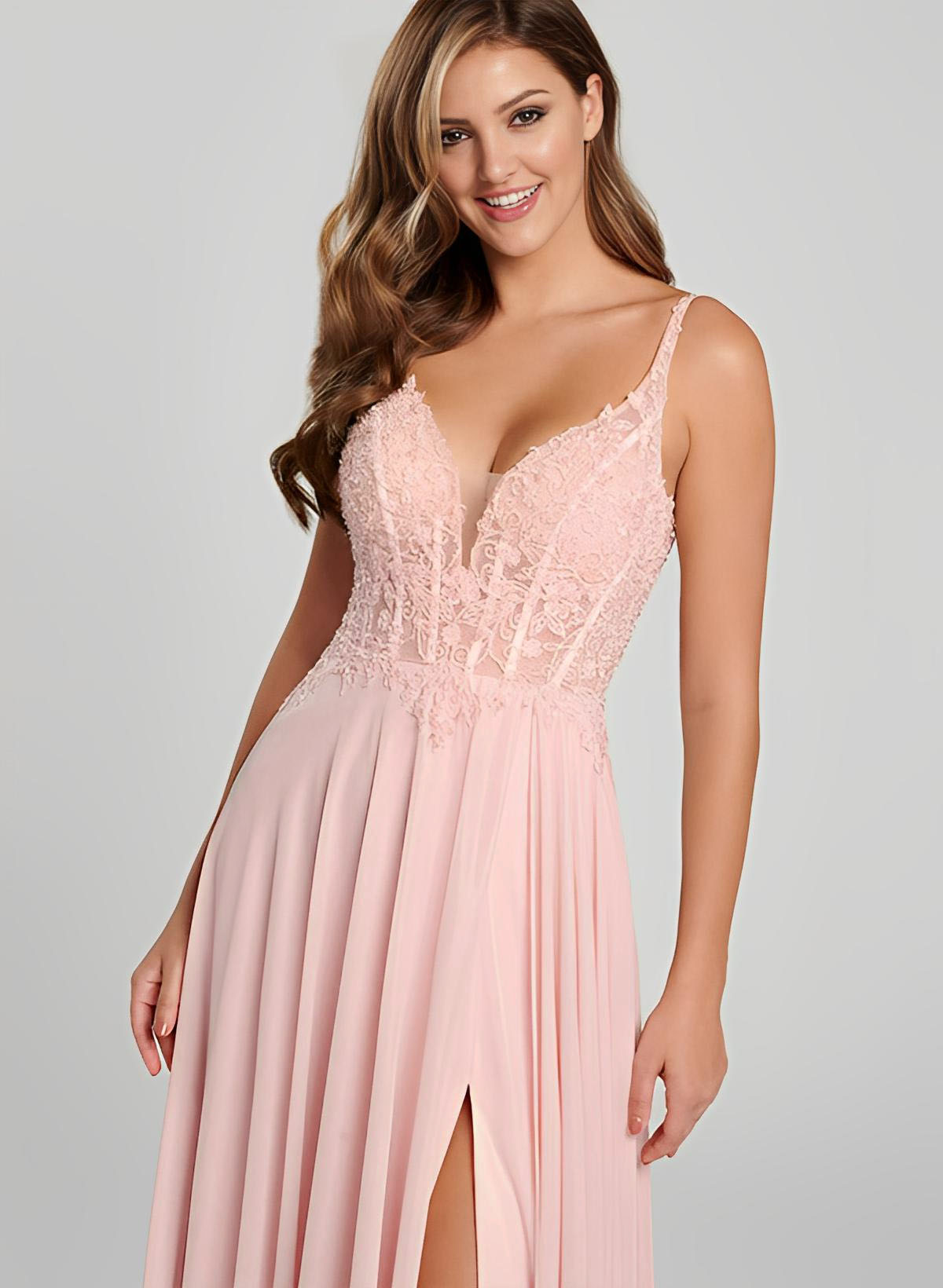 A-Line V-Neck Sleeveless Chiffon Sweep Train Evening Dresses With Lace Back Hole Split Front