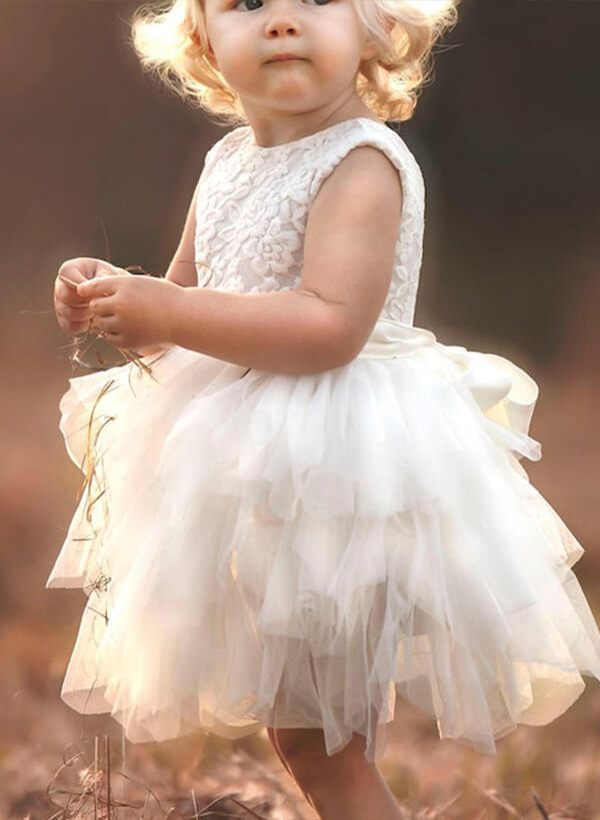 Ball-Gown/Princess Scoop Neck Sleeveless Lace Tulle Knee-length Flower Girl Dress With Lace 