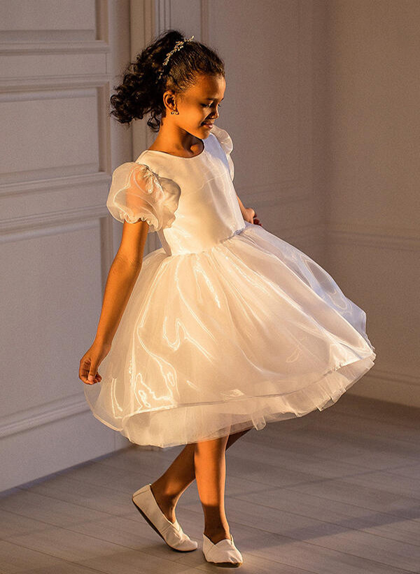 Ball-Gown/Princess Scoop Neck Short Sleeves Organza Tulle Knee-length Flower Girl Dress