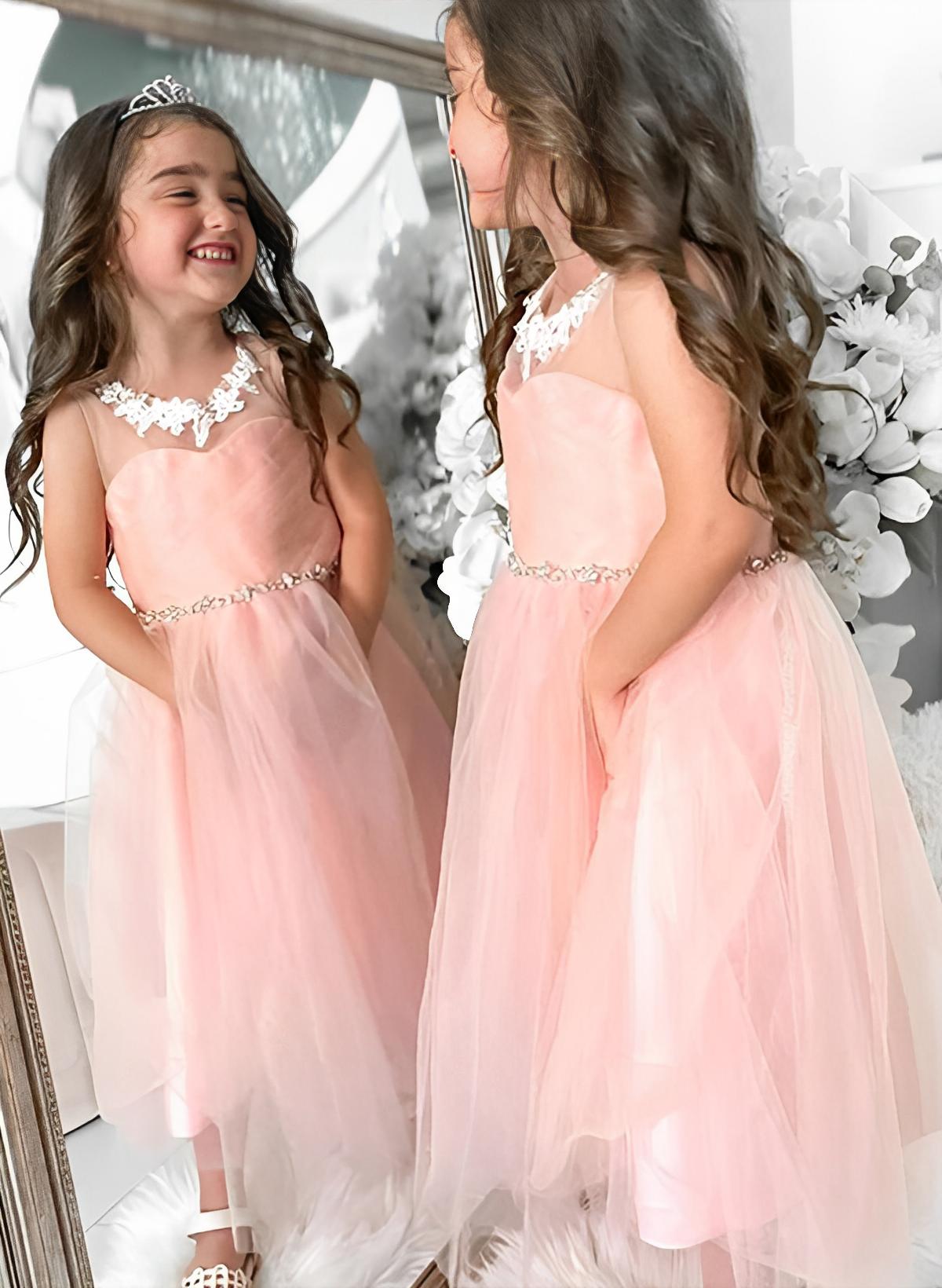 A-line Scoop Neck Sleeveless Tulle Tea-length Flower Girl Dress With Pleated