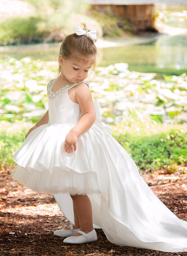 Ball-Gown/Princess V-Neck  Sleeveless Satin Asymmetrical Flower Girl Dresses With Bow(s)