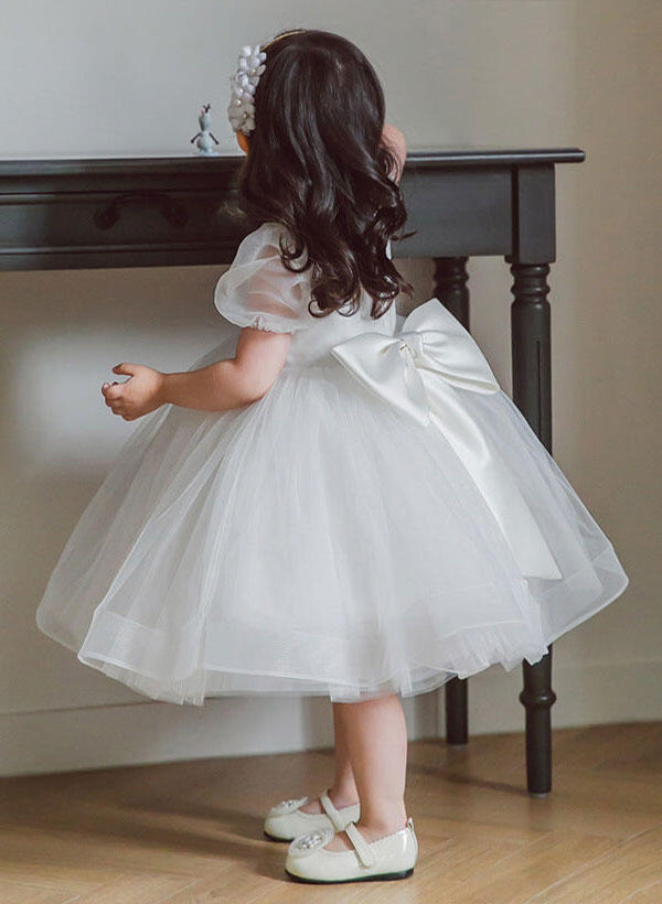 Ball-Gown/Princess Scoop Neck Short Sleeves Satin Tulle Tea-Length Flower Girl Dresses With Bow(s)
