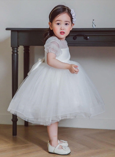 Ball-Gown/Princess Scoop Neck Short Sleeves Satin Tulle Tea-Length Flower Girl Dresses With Bow(s)