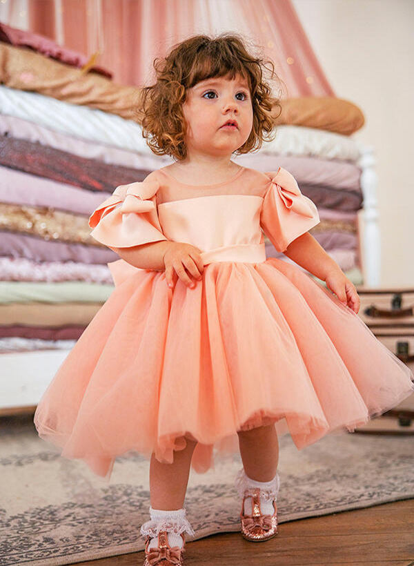 Ball-Gown/Princess  Scoop Neck 1/2 Sleeves Tulle Asymmetrical  Flower Girl Dresses With Bow(s)