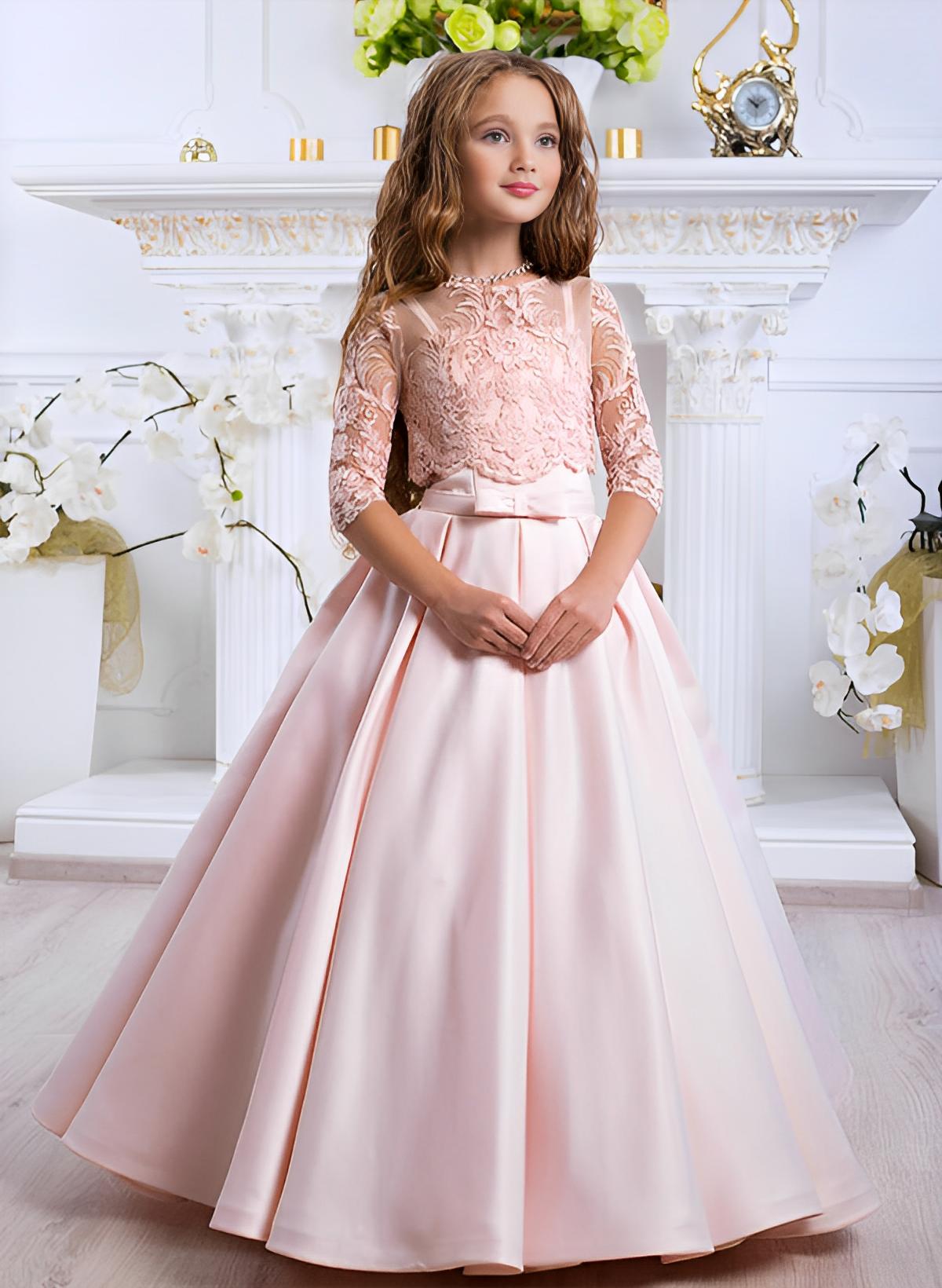 Ball-Gown/Princess Scoop Neck 3/4 Sleeves Satin Floor-length Flower Girl Dresses With Lace