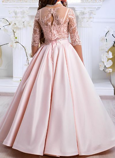 Ball-Gown/Princess Scoop Neck 3/4 Sleeves Satin Floor-Length Flower Girl Dresses With Lace