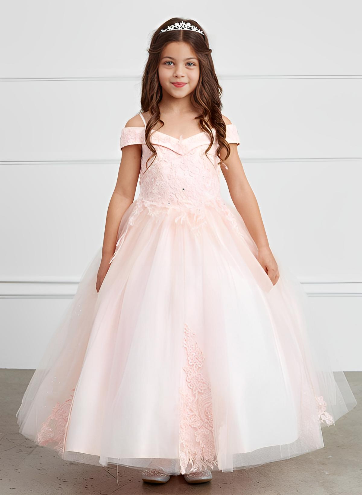Ball-Gown/Princess Off the Shoulder Short Sleeves Tulle Floor-length Flower Girl Dresses With Lace