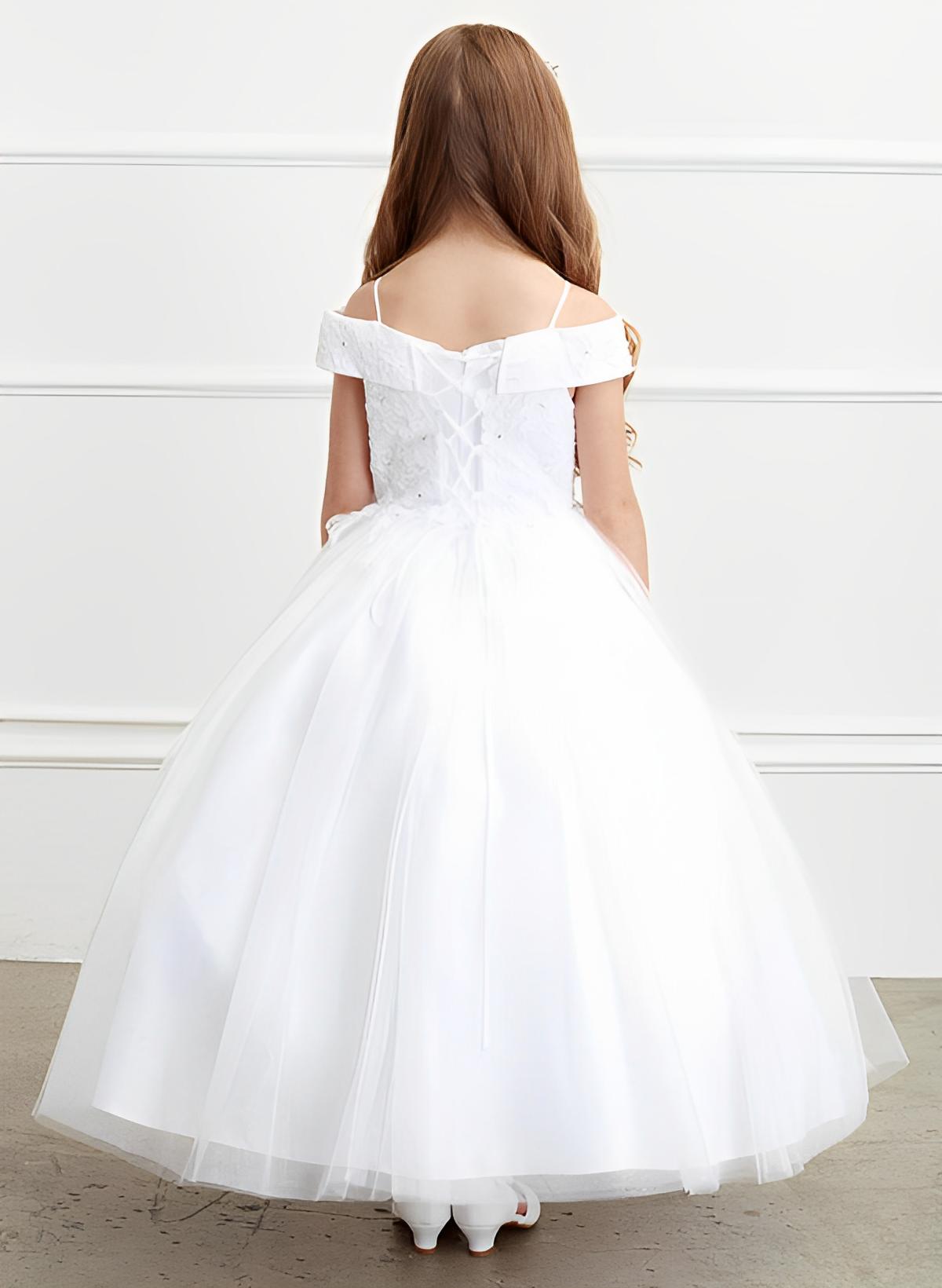 Ball-Gown/Princess Off the Shoulder Short Sleeves Tulle Floor-length Flower Girl Dresses With Lace