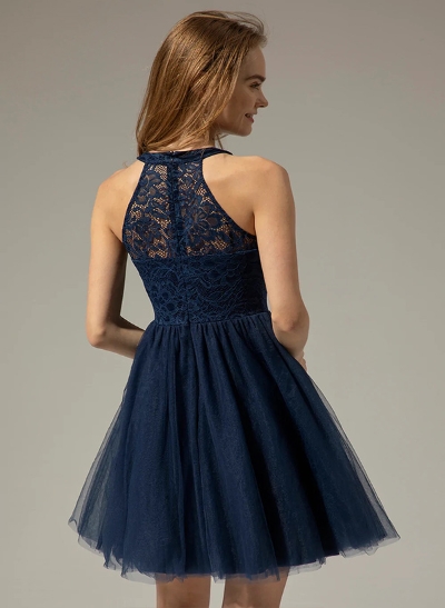 A-Line High Neck Sleeveless Tulle Lace Knee-length Homecoming Dress With Lace Pleated