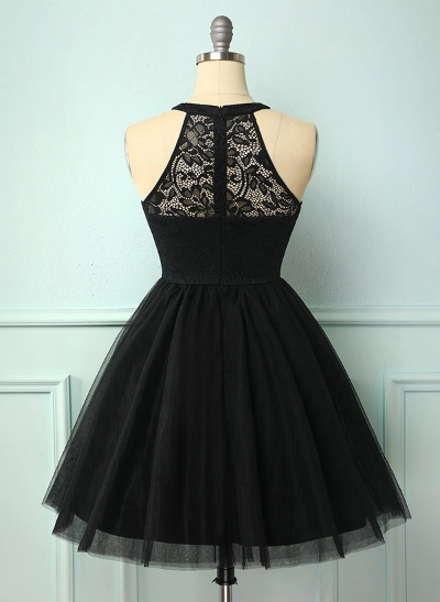 A-Line High Neck Sleeveless Tulle Lace Knee-length Homecoming Dress With Lace Pleated